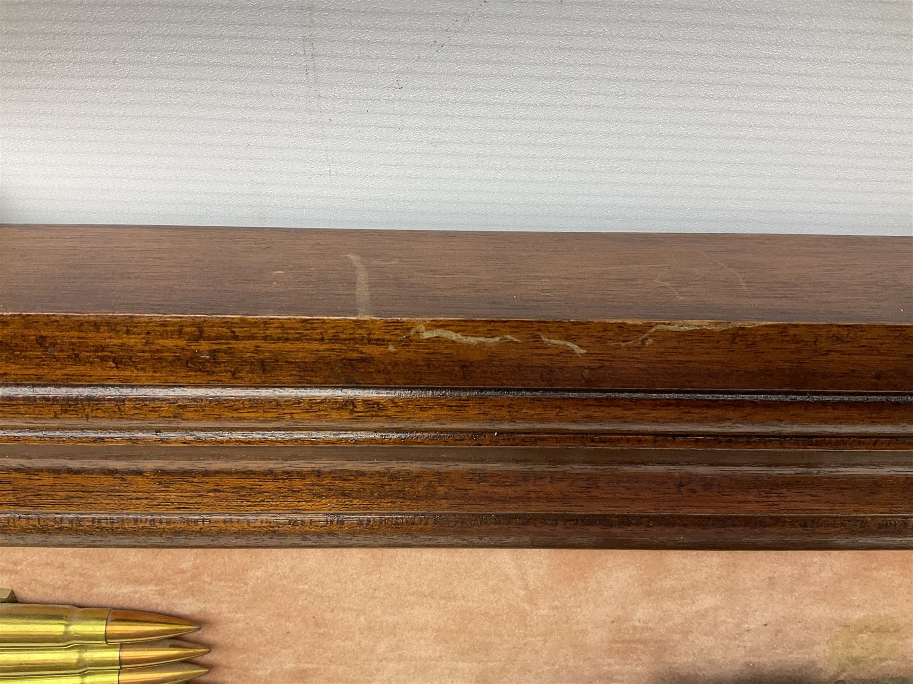 WW2 Lee Enfield No.4 Mk.1 .303 bolt-action rifle with hinged butt compartment, made by SA Ltd., Long Branch, Canada 1942, serial no.5L0646 L113cm; mounted on a framed display board with No.4 Mk.II spike bayonet, No.9 Mk.1 blade bayonet, two inert 5-round clips and brass biographical plaque by Antler Military Originals detailing DA Cert No.C3444 OLD STYLE DEACTIVATION SO FIREARMS CERTIFICATE REQUIRED OR RFD