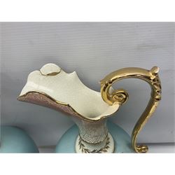 Pair rubian art pottery jugs and pair painted Doulton plates, jugs H42cm