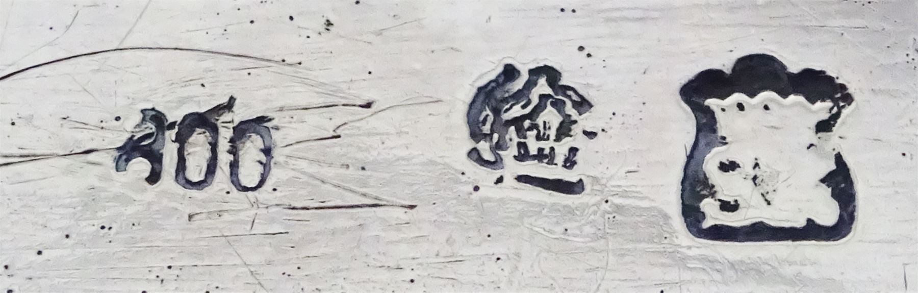 Early 20th century German silver holy water stoop, modelled as Christ upon the cross above a curved cistern with embossed floral decoration, stamped verso 800, also bearing crown and crescent mark and makers mark for Simon Rosenau, H17.5cm, together with a small pair of Continental silver vases, each embossed throughout with flower heads, each stamped beneath 800, and a Dutch box of rectangular form, the underside embossed with hunting scene, the domed cover with two figures, marked with Lion Passant purity mark, Minerva head duty mark, and date letter, probably 1886, approximate total weight (333 grams)