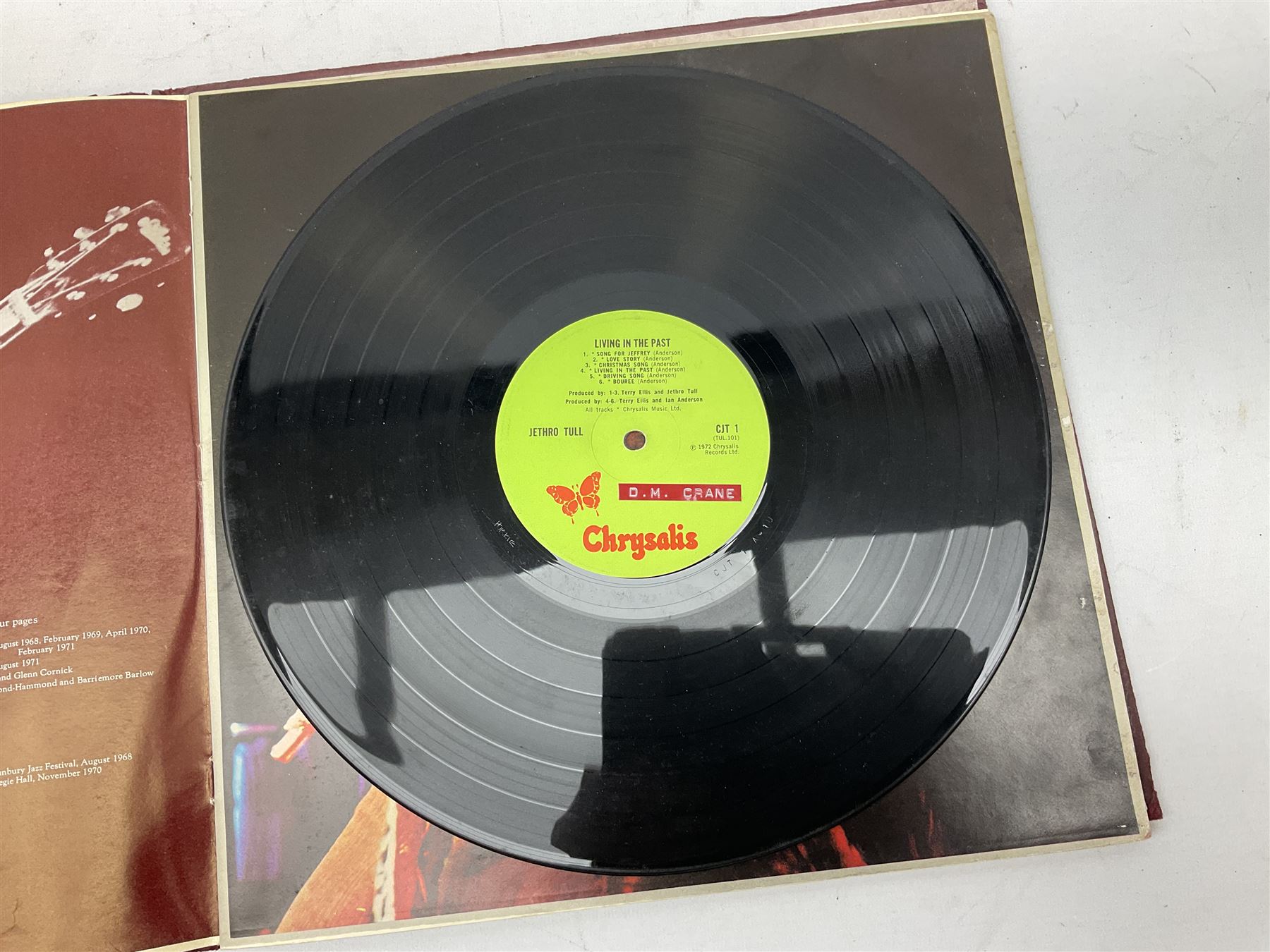 Jethro Tull Living in the Past double vinyl long play LP record album with gatefold sleeve and booklet, released 1972 with green Chrysalis labels, together with Jethro Tull Benefit LP (ILPS 9123), with 1972 Chrysalis green label