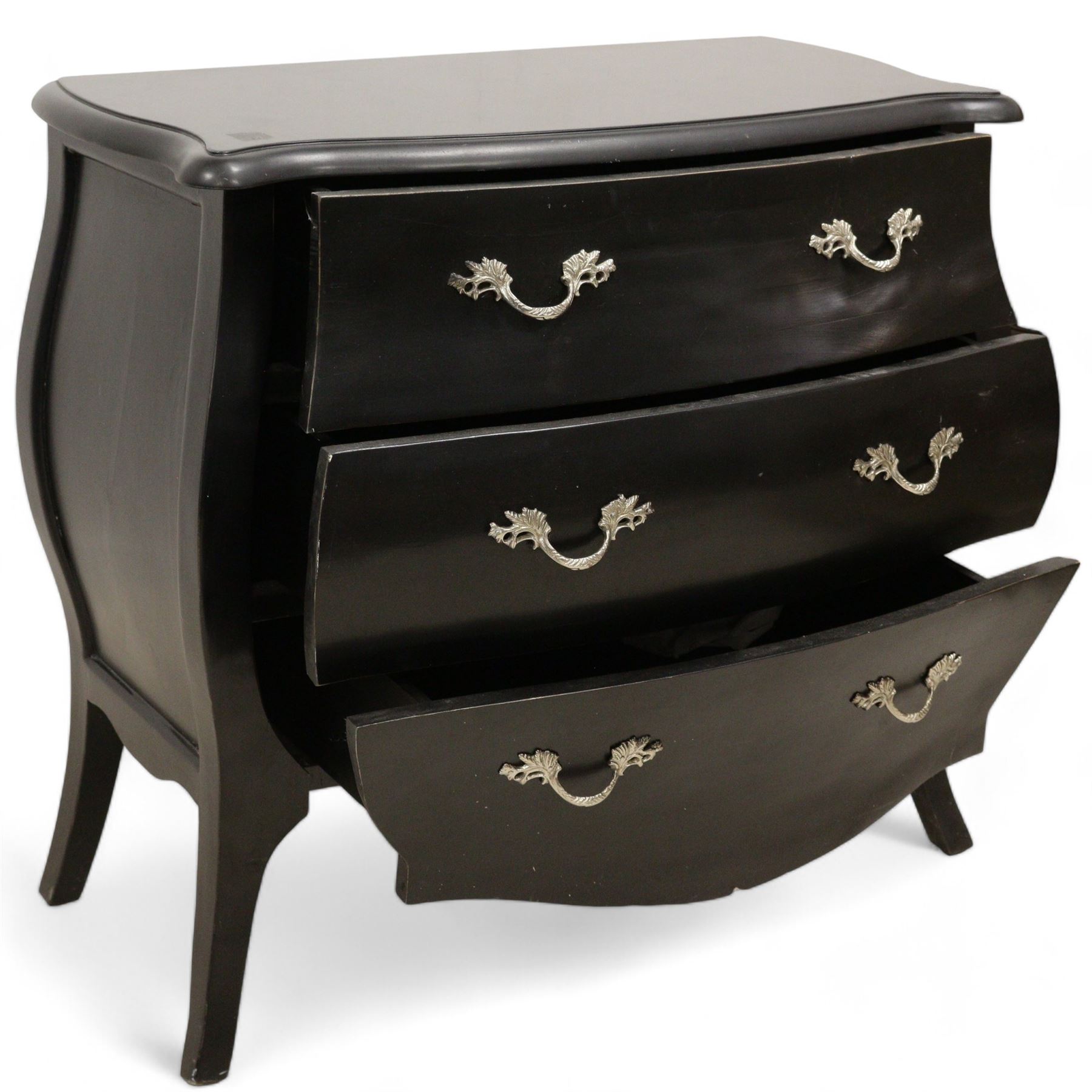 French design black finish bombe chest, shaped moulded top over three drawers, on splayed feet; and a painted bombe chest (2)