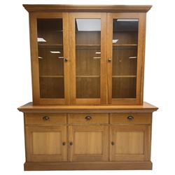 Large cherry wood dresser, raised display cabinets enclosed by three doors, fitted with three drawers and three panelled cupboards, on skirted base