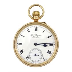 Early 20th century 9ct gold open face keyless lever 'The Bank' pocket watch by J.W.Benson, London, No. 5853, white enamel dial with Roman numerals and subsidiary seconds dial, London 1924, with original box and wooden stand