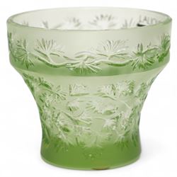 Lalique green glass tea light holder decorated with the coriandre pattern H8cm, another in the basil pattern H8cm and another with trailing leaves H8cm, all signed 'Lalique, France'