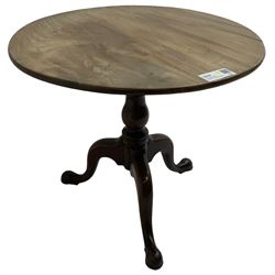 19th century mahogany pedestal table, circular top on turned column terminating in tripod base with cabriole supports