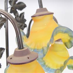 20th century composite figural table lamp with three floral moulded glass shades, H88cm