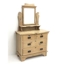 Victorian pine dressing table, raised shaped mirror back, single shelf, two short and two long drawers, shaped plinth base