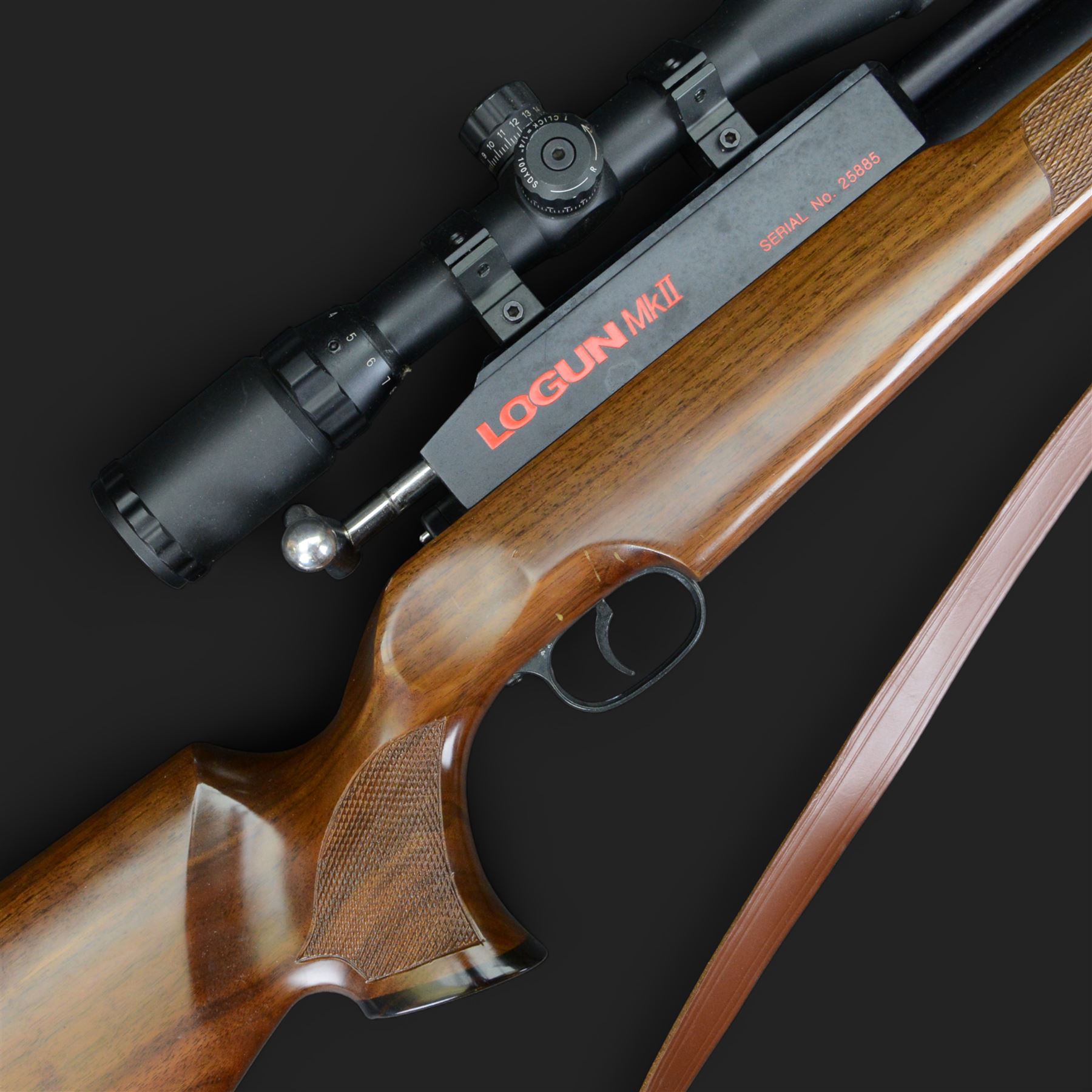 Logun MK2 22 Cal. air rifle, serial no 25885, with ASG fitted sight, bi-pod stand and fitted moderator  