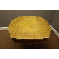  19th century Italian Rococo gilt centre table, canted octagonal top covered in gold damask fabric, frieze with carved scrolling mounts, cruciform base with acanthus leaf decoration, 105cm x 105cm, H77cm  