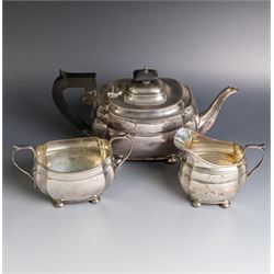 1930s silver three piece tea service, comprising teapot, milk jug and open sucrier, of ova...