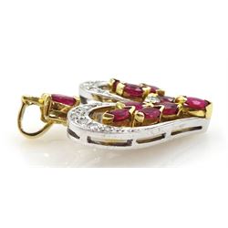 18ct white and yellow gold round brilliant cut diamond and marquise cut ruby heart shaped pendant, London 1983