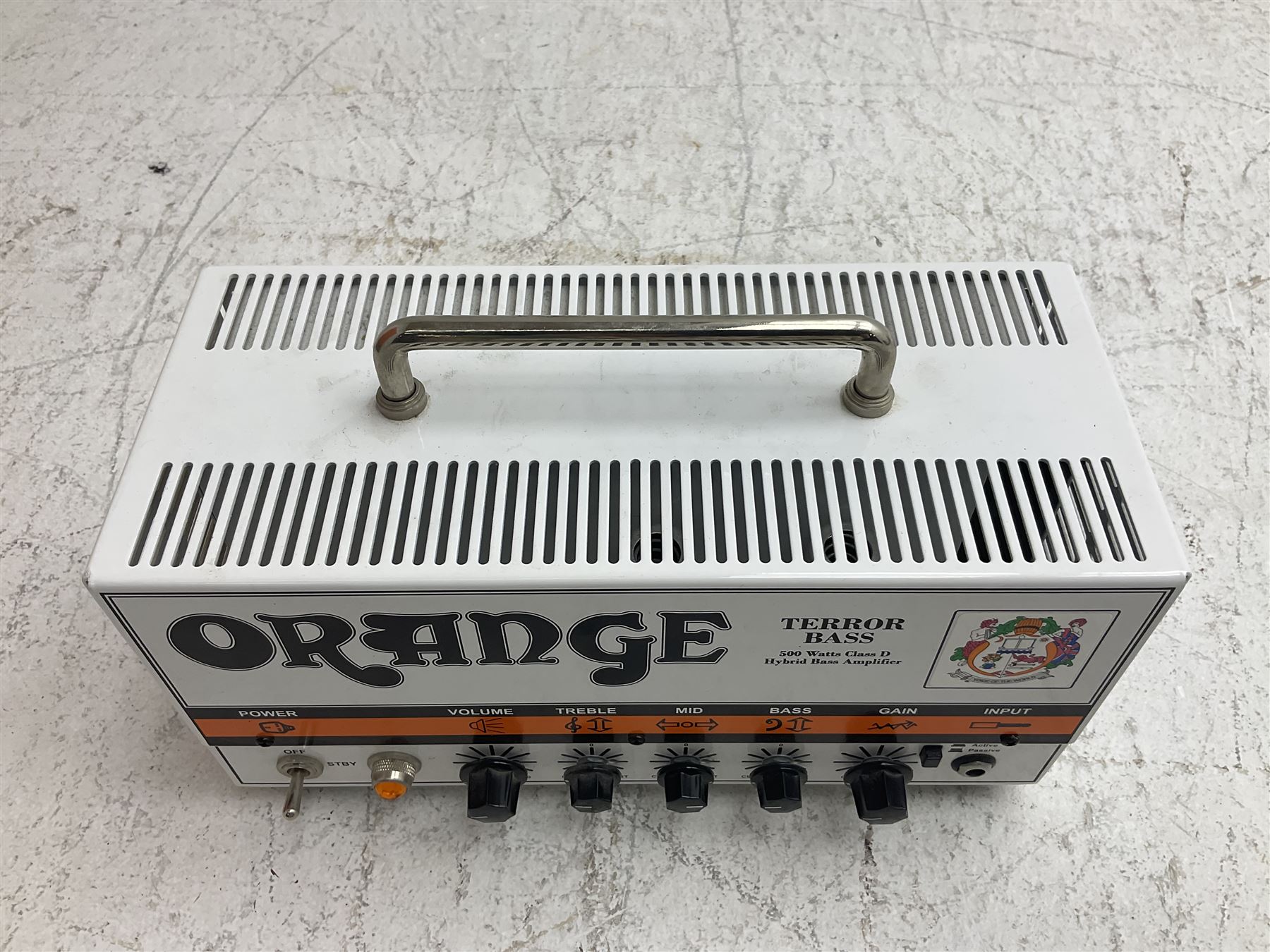 Orange 'Terror Bass' 500 watts Class D Hybrid Bass Amplifier; serial no.03742-0814; L30cm; and Orange 'Voice of the World' SP212 bass cabinet with 2 x 12