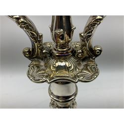 19th Century silver plated three light candelabra of foliate design by Hawksworth, Eyre & Co Ltd, with loaded stem and quatrefoil stepped base with shell decoration at the corners, with flambé snuffer, H52cm