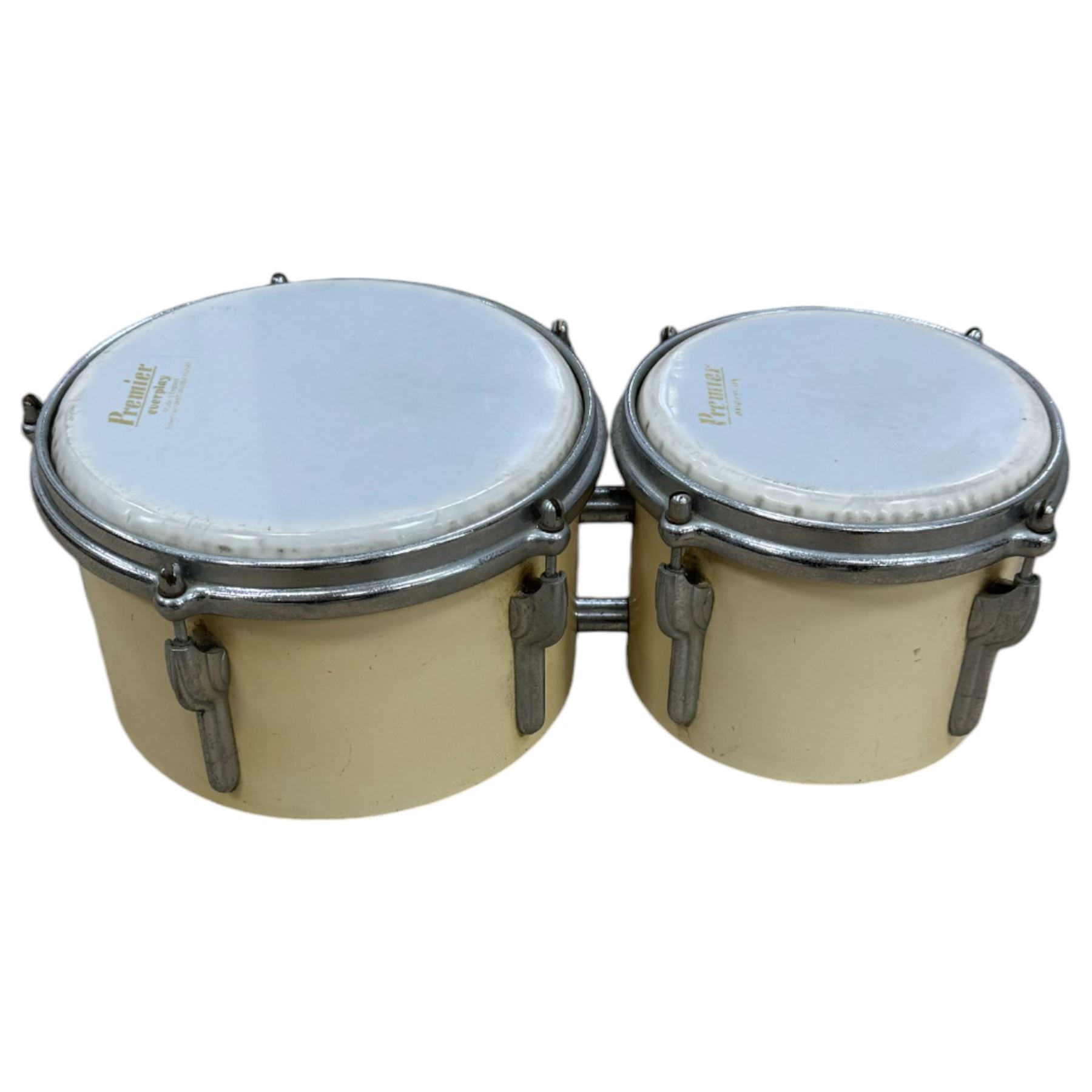 1950s Premier drum kit, owned by Ken Golder the original drummer in the John Barry Seven, comprising bass drum, floor tom, mounted tom, two bongos, Zildjian high hats and ride cymbal, Superzyn crash cymbal and stands, with some original receipts for the kit addressed to Mr Golder


