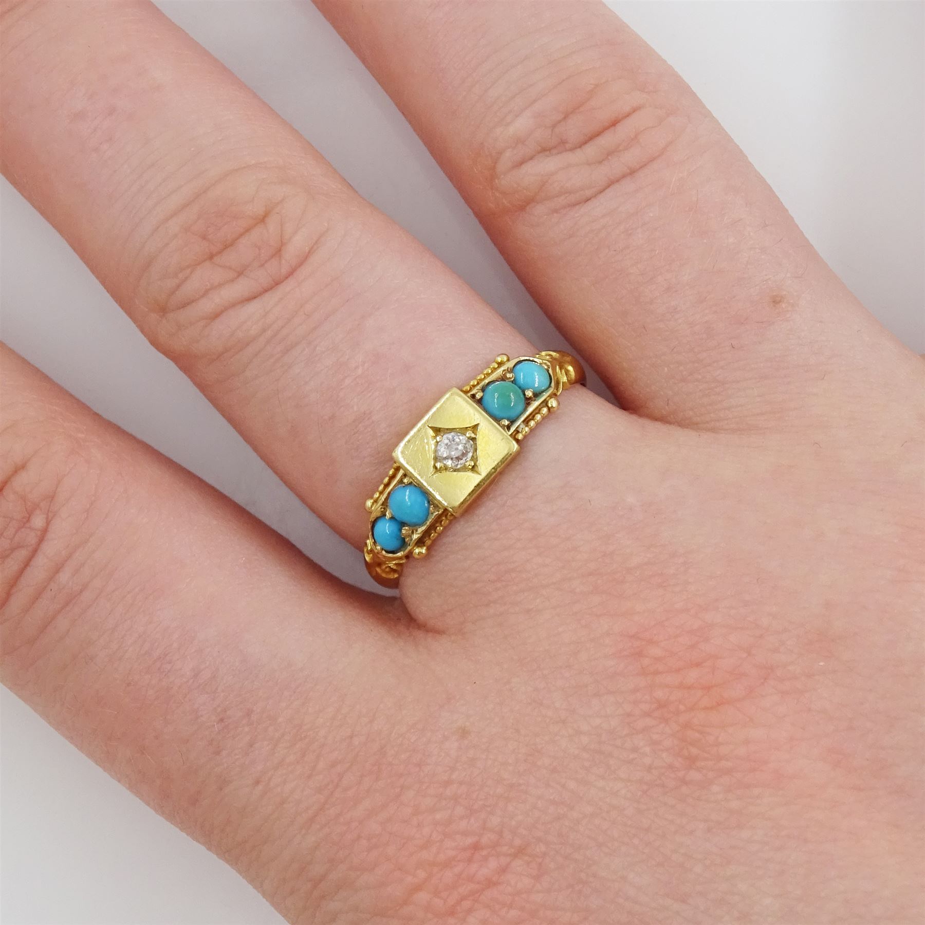Victorian five stone old cut diamond and turquoise ring, stamped 18ct