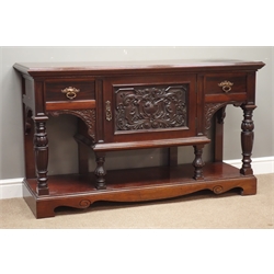  Victorian mahogany sideboard, carved panel door and two drawers on turned supports with platform base and bracket feet, W146cm, H86cm, D52cm  