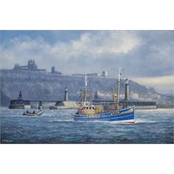 Jack Rigg (British 1927-): 'Whitby Light WY170' Skippered by William Hall leaving Whitby Harbour in the 1960's, oil on canvas signed and dated 2006, titled verso 50cm x 75cm