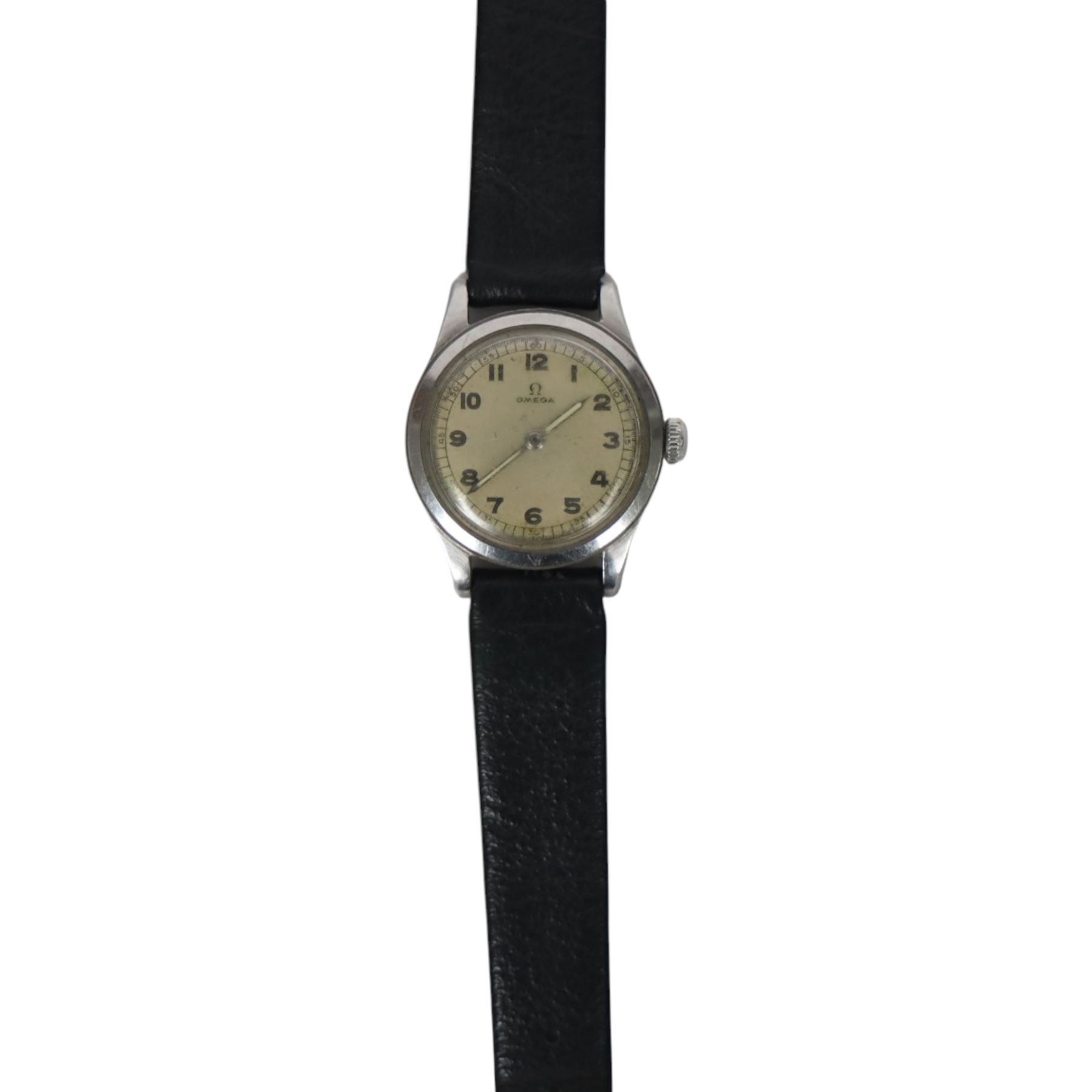 Omega, chrome plated military-style wristwatch, circa 1940, with leather strap