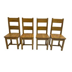 Set four light oak dining chairs, high back over panelled seat. raised on square supports