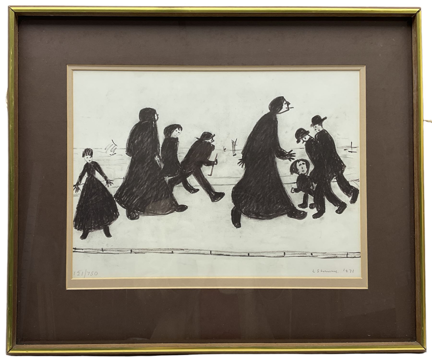 After Lawrence Stephen Lowry (British 1887-1976): 'On a Promenade', limited edition monochrome print numbered 121/750 in pencil signed and dated 1971 in the image, pub. Ainsworth (Bury) with certificate verso 28cm x 39cm 