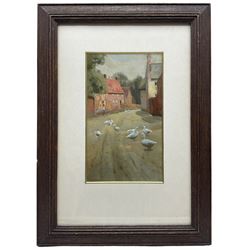 William Teulon Blandford Fletcher (Newlyn School 1858-1936): Village Street scene with Ducks, oil on board, signed verso 23cm x 14cm
