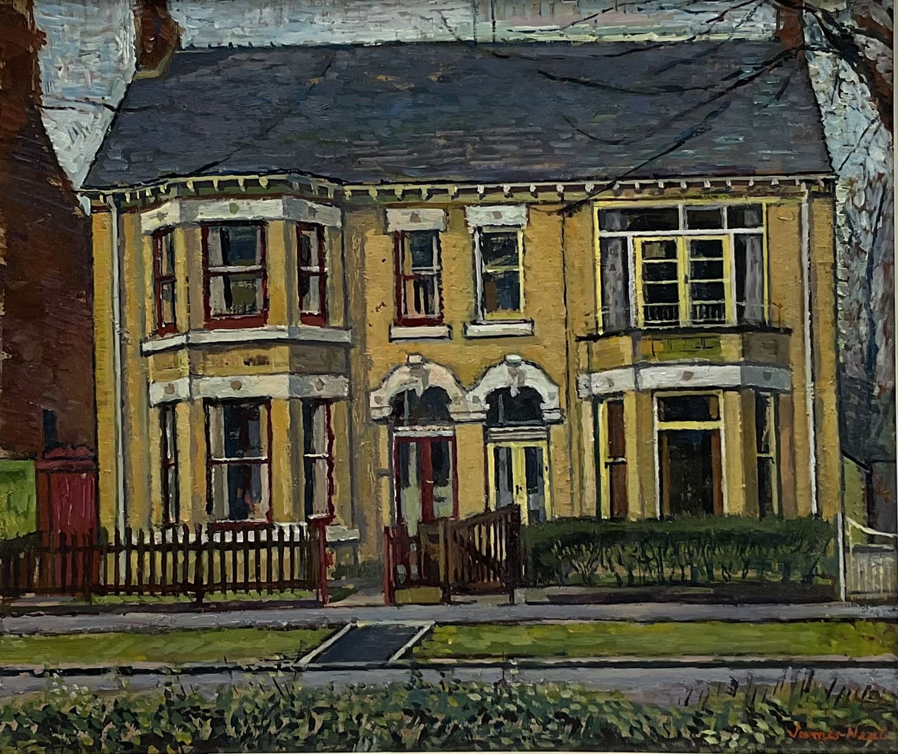 James Neal (Northern British 1918-2011): 'Houses in Victoria Avenue Hull', these are the houses opposite where the artist lived at number 205, oil on board signed, 20cm x 24cm
Provenance: East Yorkshire private collection purchased from the artist; exh. Royal Academy Summer Exhibition 1965, No.764. Neal was accepted at St Martin's School of Art in 1932, aged 14. In 1958 he moved to Hull as Lecturer in Painting and Drawing at Hull Regional College of Art, then becoming Senior Lecturer in the History of Art. Over the next fifty years he became well known for painting scenes around the Hull area. Ferens Art Gallery, has twice mounted major retrospective exhibitions of James Neal's work