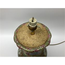 19th century Chinese Canton Famille Rose vase, decorated with figural panels against floral and foliate scroll ground, converted to a lamp, H46cm