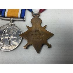 WW1 KIA group of three medals comprising British War Medal, 1914-15 Star and Victory Medal awarded to 9069 Cpl. J. Mayhew Glouc. R.; with ribbons; displayed on modern bar, and photograph of recipient in uniform; some biographical details