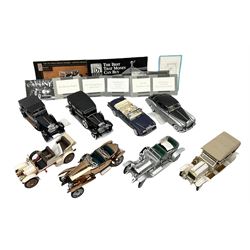 Eight Franklin Mint diecast models of cars, 1911 Rolls-Royce Tourer, The Rolls-Royce Corniche IV, The Mercedes Simplex, 1955 Rolls-Royce Silver Cloud, 1921 Rolls-Royce Silver Ghost, 1907 Rolls-Royce Silver ghost,1929 Rolls-Royce Phantom I,  and 1930 V-16 452 Cadillac Imperial Sedan, all with original tags attached