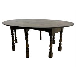 17th century style oak dining table, oval drop leaf top on turned supports, double gateleg action base (H74cm, 198cm x 157cm (open))