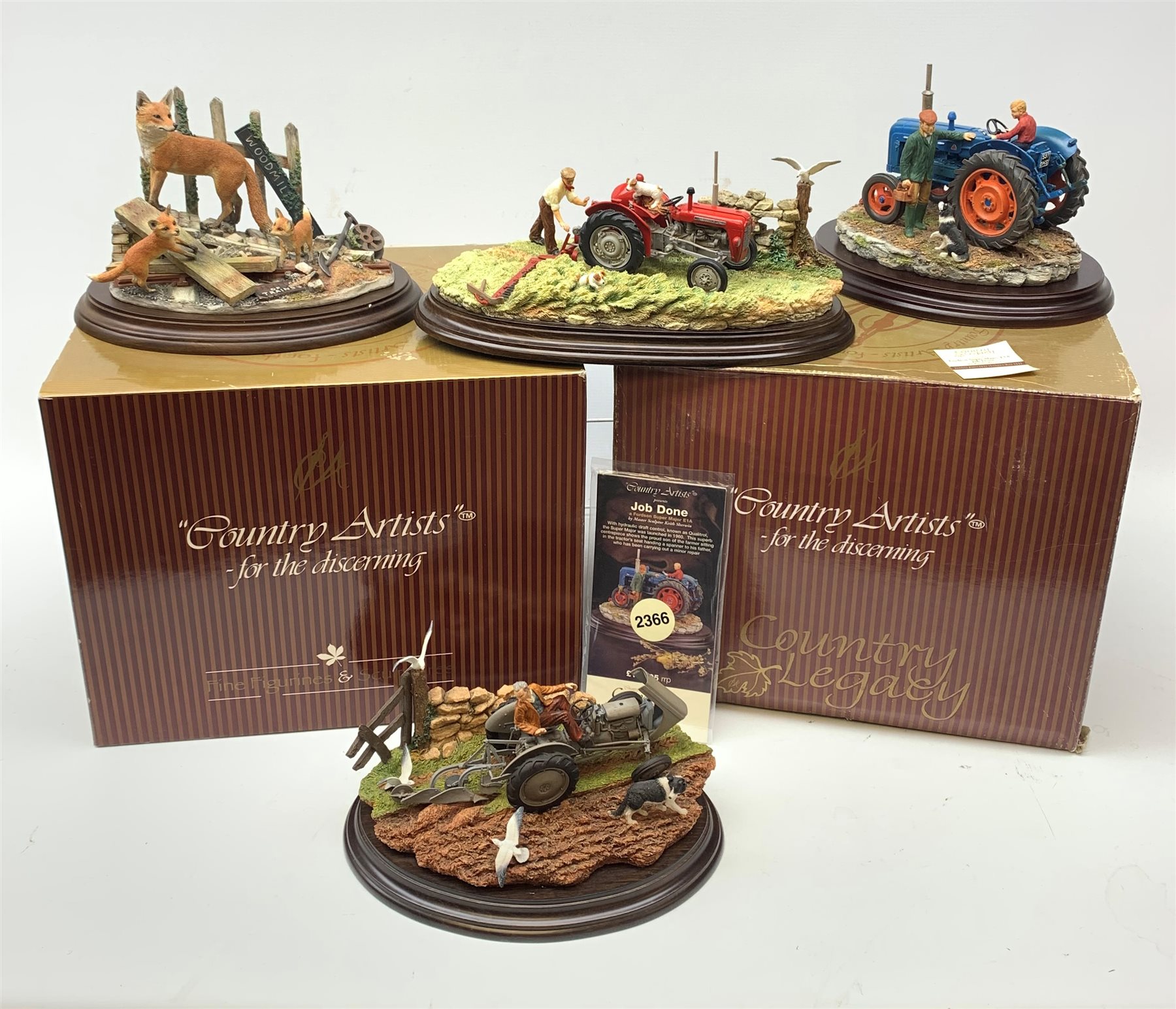 Four Country Artists figure groups comprising of limited edition The Railway Family by Paul Szeiler, model no 01738, 299/750, on wooden base with box, Job Done by Keith Sherwin, model no 02366, on wooden base with box, First Cut by Keith Sherwin, model no CA947, 99/850, on wooden base, The Last Furrow by Keith Sherwin, model no CA732 on wooden base. (4)