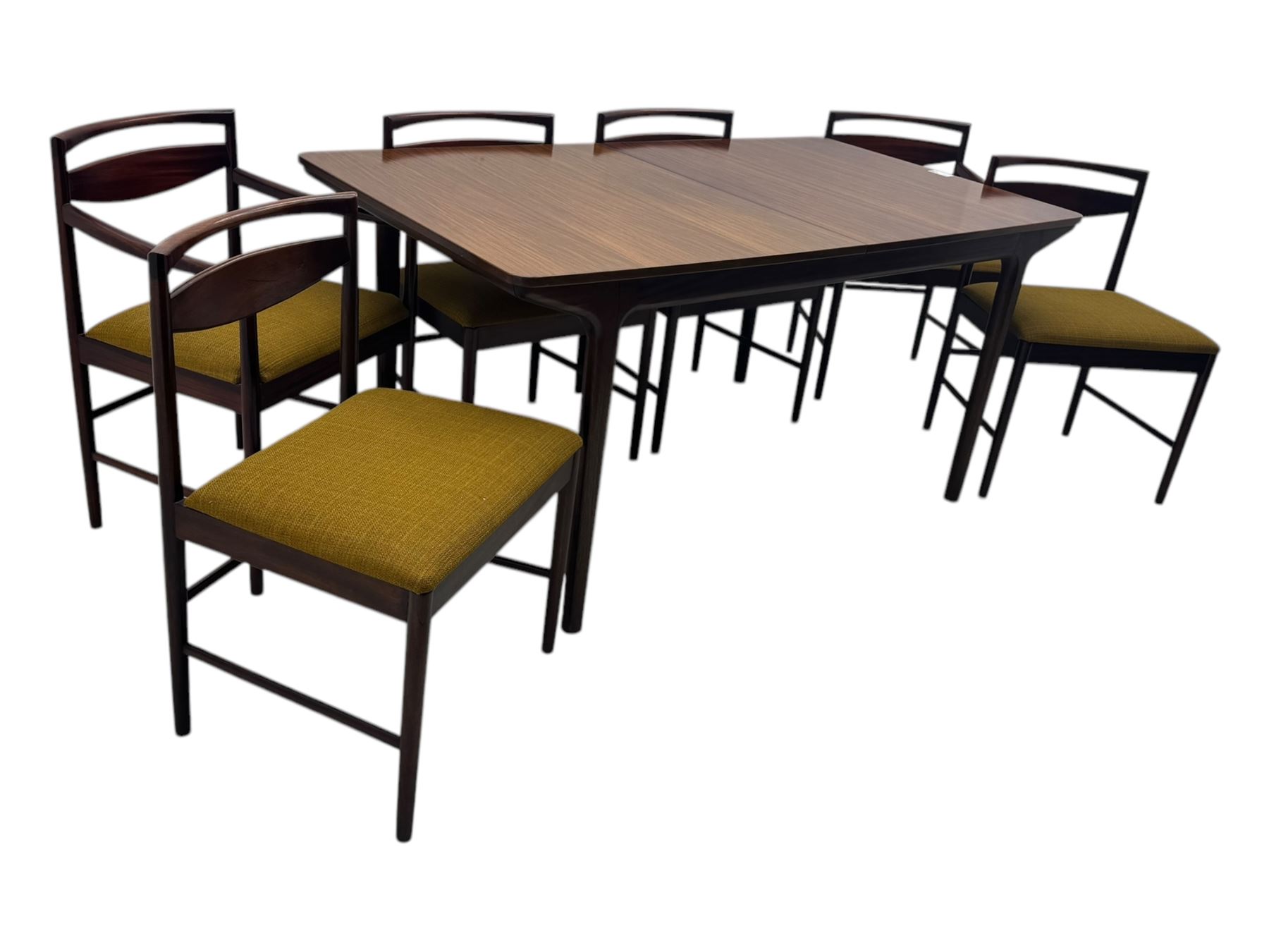 Tom Robertson for McIntosh of Kirkcaldy - mid-20th century 'Dunfermline' dining table, rectangular top with double concealed integral leaf, raised on tapered supports; complete with set of six (4+2) McIntosh dining chairs