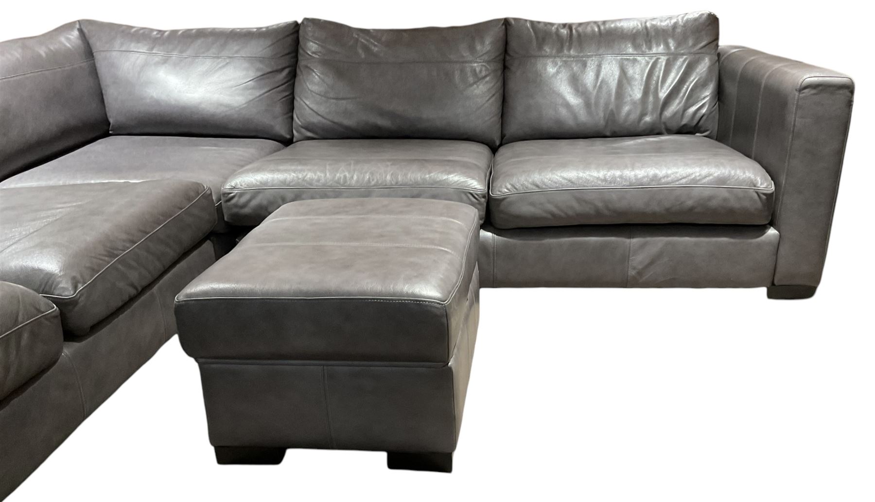 Sofa Workshop - five-seat corner sofa; matching footstool; upholstered in Italian grey leather 