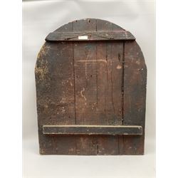 `The Grimsby-York Railroad Co.` painted wooden railway advertising sign 20th century, of planked construction with arched top and moulded border, decorated with an applied wood and metal image of an early steam locomotive in relief, the surrounding wording reading `The Grimsby-York Railroad Co., Fast Dispatch by Rail from Fish Curing Houses of Grimsby & Hull, Est. 1873, Daily Connections to Billingsgate`, 89 x 71cm
