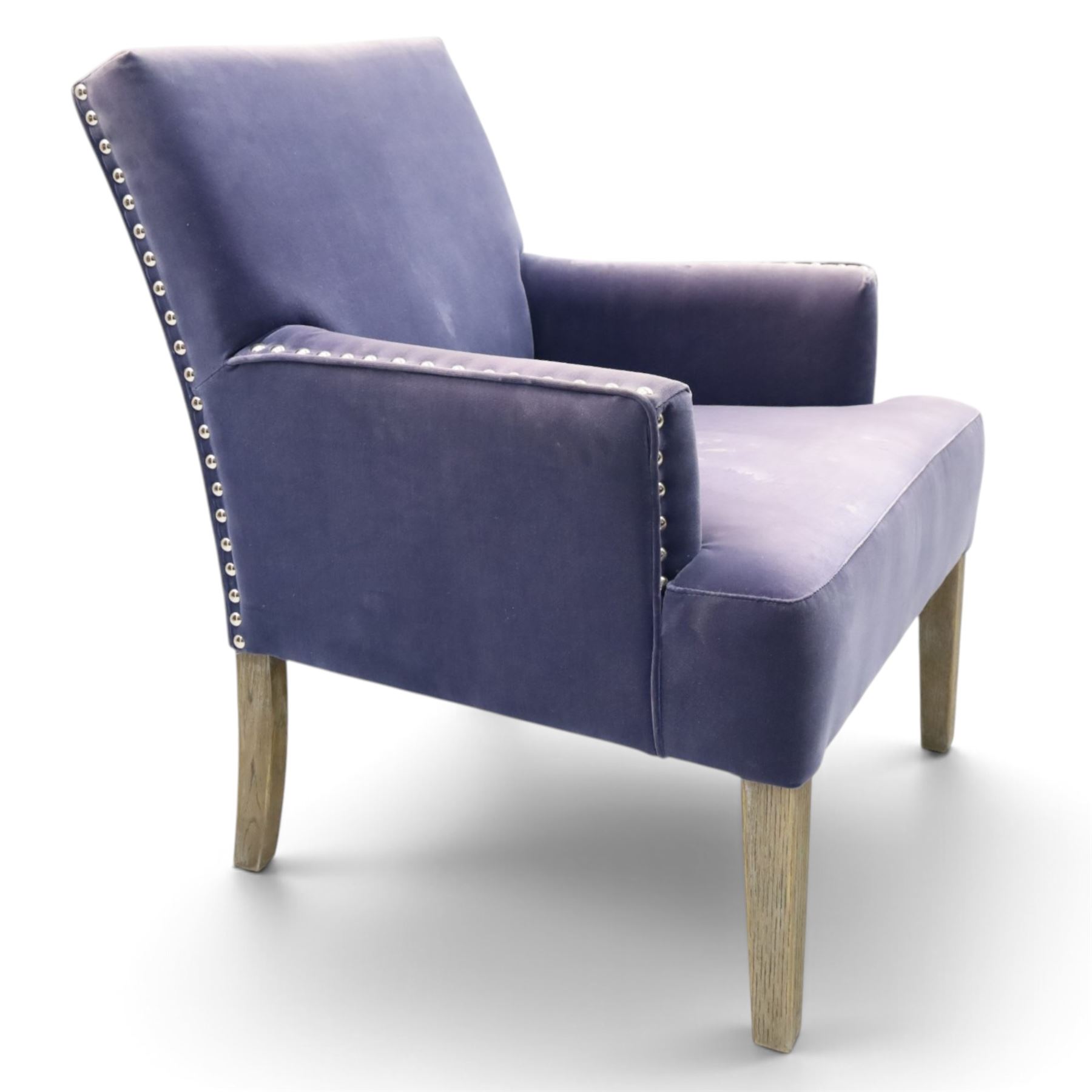 OKA - Sutcliff armchair, upholstered in purple velvet, chrome studded detailing, raised on grey stained legs