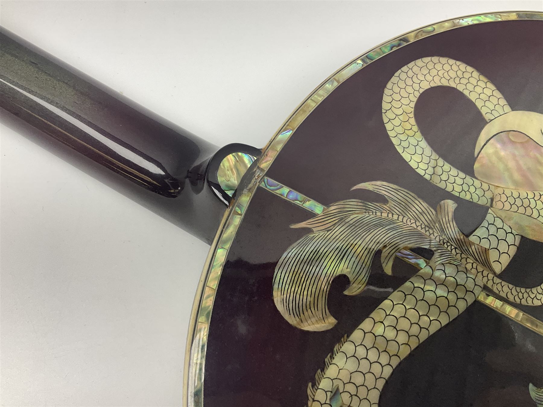 Chinese F-hole eight-string mandolin with sunburst finish, mother-of-pearl inlay of dragons chasing the flaming pearl and dragon carved headstock L71cm