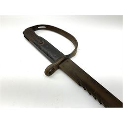Pattern 1879 Martini Henry Carbine heavy artillery saw-back sword bayonet the 65.5cm fullered blade with various ordnance marks to the ricasso, black chequered grips and D-shaped knuckle guard, lacks scabbard, L79.5cm overall
