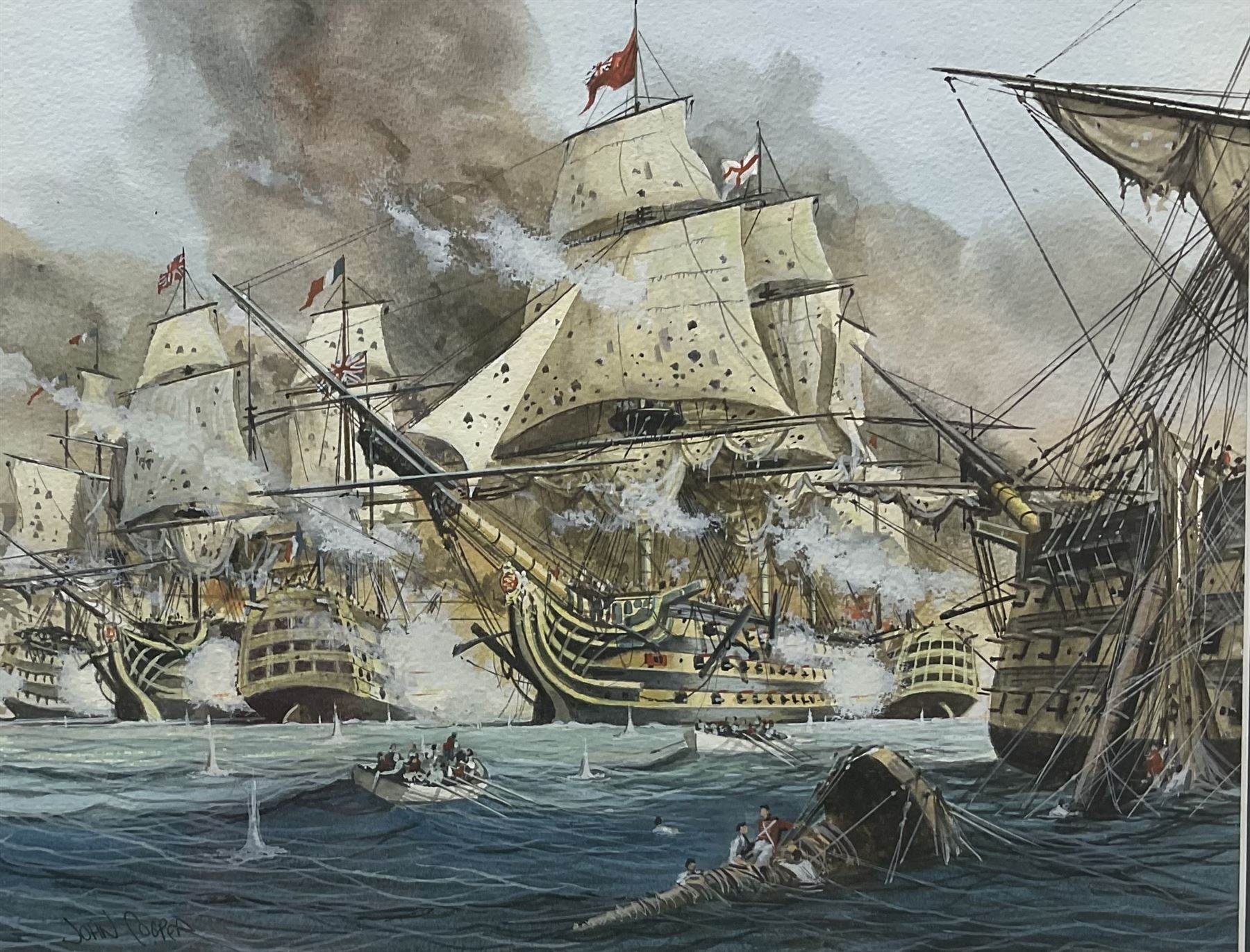 John Cooper (British 1942-): 'HMS Victory at the Battle of Trafalgar 21st October 1805',  watercolour signed, titled on the mount 27cm x 35cm