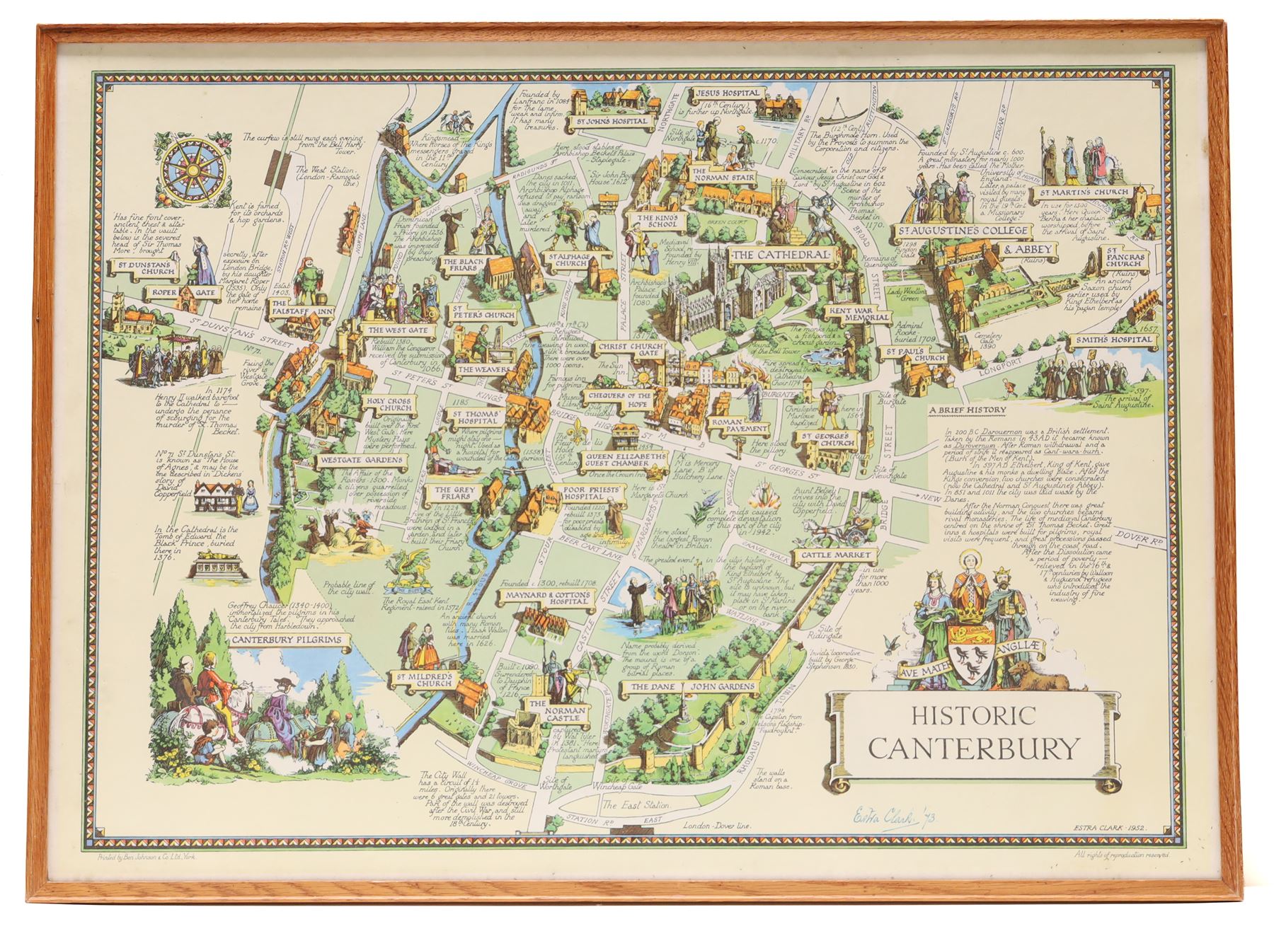 Estra Clark (British 1904-1993): 'Historic Canterbury', pictorial colour map of the City of Canterbury with important events and places described pub. Ben Johnson & Co, York 1952, signed and dated '73 in pen 36cm x 50cm