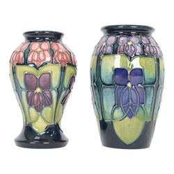 Moorcroft two miniature vases, in violets pattern, with original boxes, H11cm 