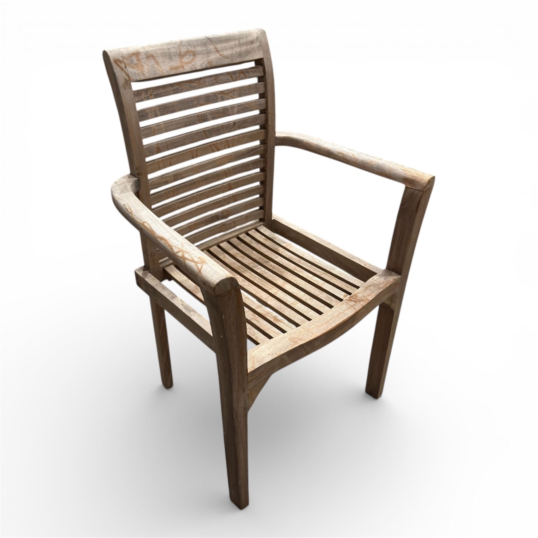 Set of four teak high back slatted garden chairs