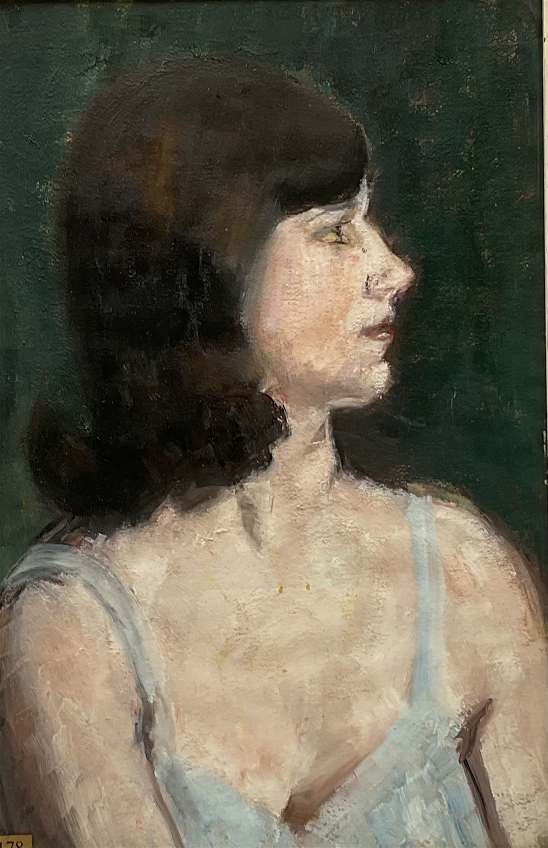Madeline A Manton (Mid 20th century): 'Jaqueline' bust portrait, oil on board, titled with artist's address 124 Kings Road London on Chelsea Artists exhibition label verso 49cm x 32cm