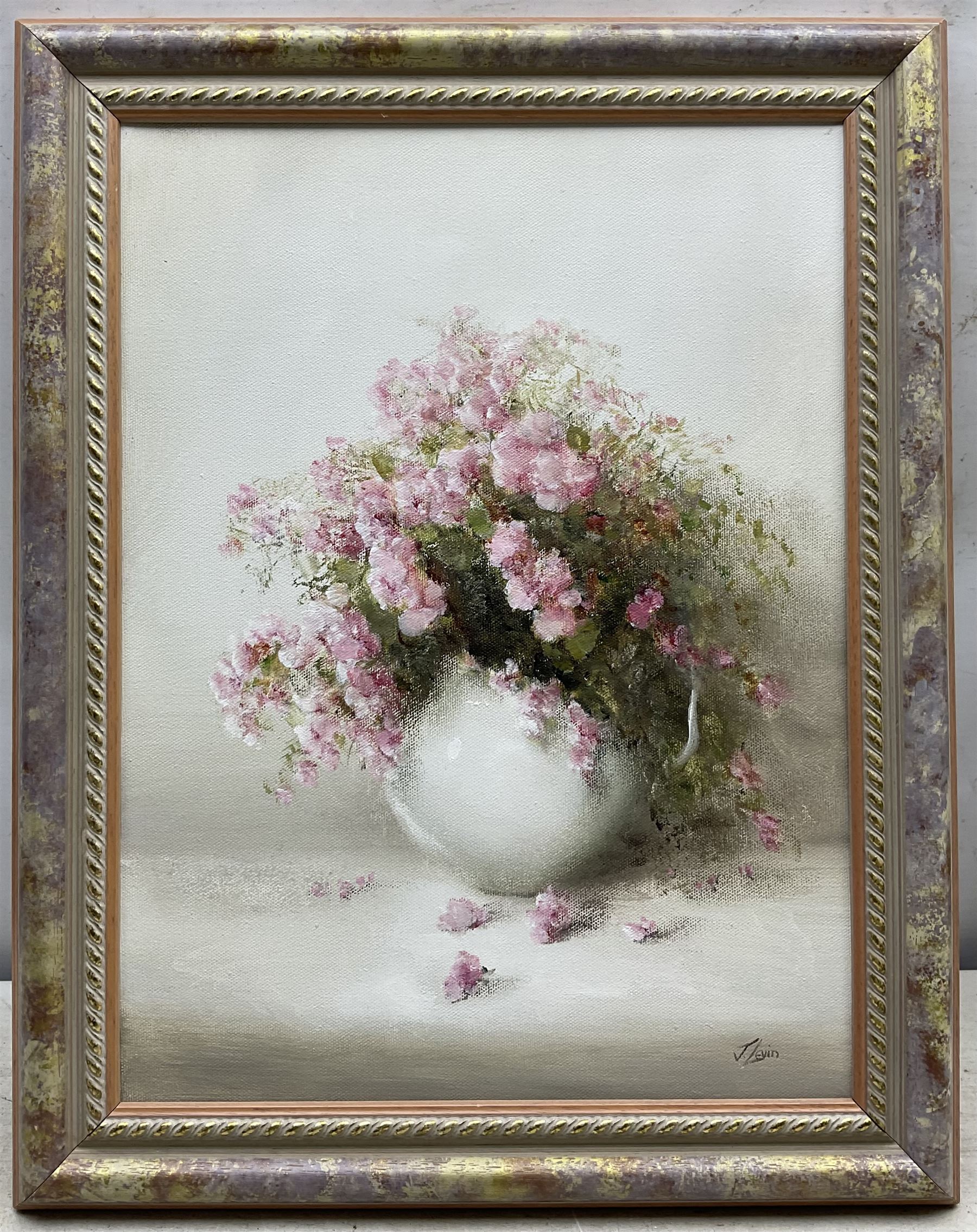 Judith Levin (British 1956-): Still Life of Pink Flowers, oil on canvas signed 39cm x 29cm 