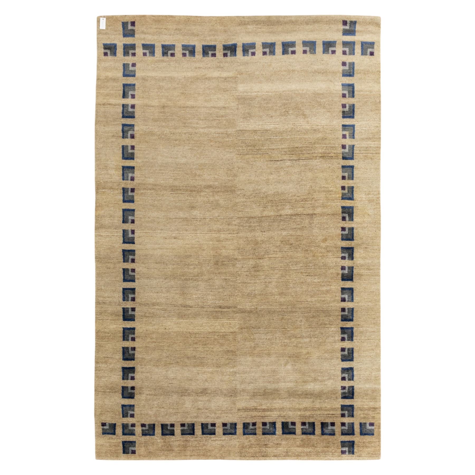 Rugs by Design - ‘Silk Stone’ Nepalese thick pile wool rug, with plain textured camel ground and geometric border detail in blue, grey and dark tones to all four sides