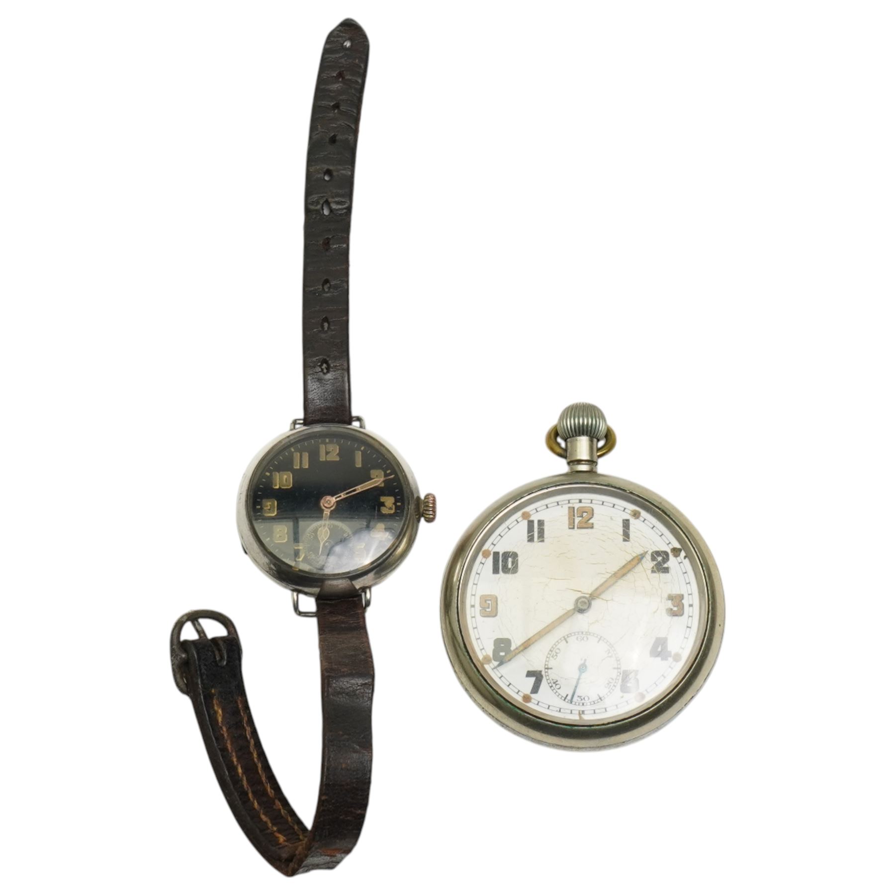 WWI wristwatch in silver case inscribed 'April 4th 1916' and a WWII open faced military G.S.T.P. pocket watch in nickel case