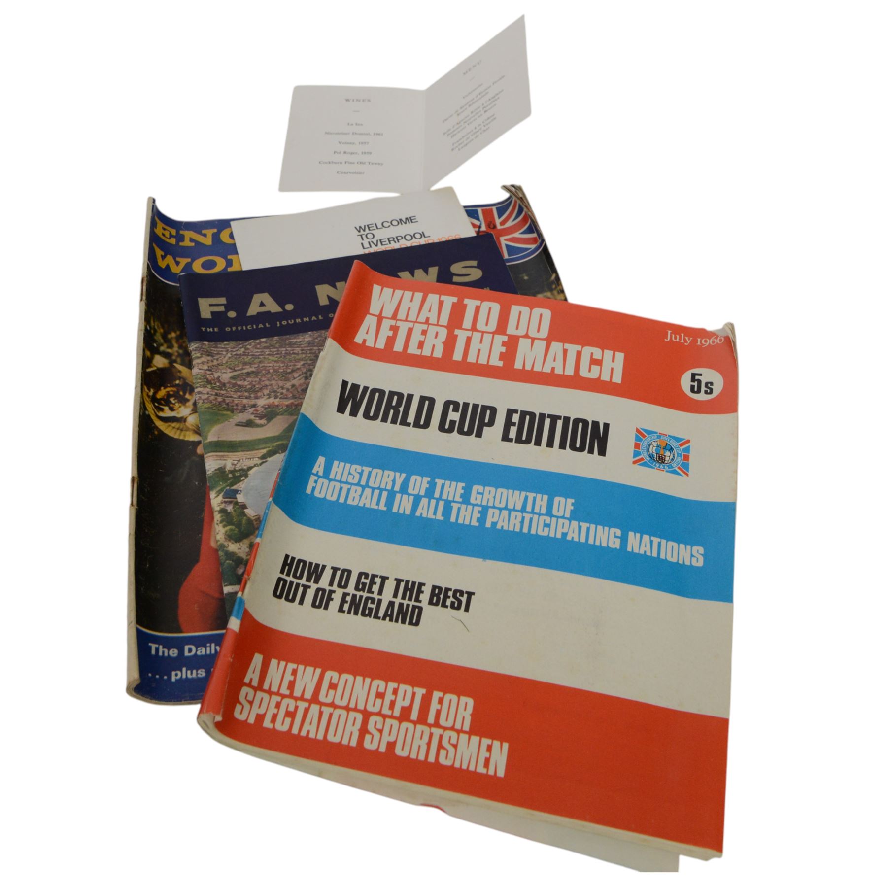 1966 World Cup memorabilia, including Dinner Menu, in honour of 1966 Association Football World Cup Competition, World Championship Jules Rimet Cup Banquet Menu in honour of Fifa, with some indistinct signatures to front cover, National Football Team of Korea leaflet with player signatures, Official Hand Book, three souvenir programmes for the Final between England and West Germany and three World Cup edition magazines and Liverpool Echo World Cup edition