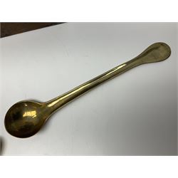 George III oak spoon rack and candle box, the rectangular backplate with shaped  pediment and two six aperture spoon racks, above a candlebox with hinged cover, with various brass spoons and a pair of brass candle snuffers, H56.5cm, W35cm, D14cm 