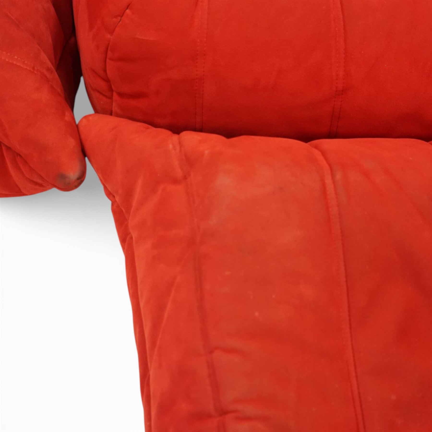 Michel Ducaroy (1925-2009) for Ligne Roset - contemporary ‘Togo’ sectional complete corner sofa upholstered in Alcantara Goya Red, comprising small settee (H 78cm, W 123cm, D 90cm), corner seat (H 78cm, W 90cm, D 90cm) and large settee (H 78cm, W 175cm, D 90cm)