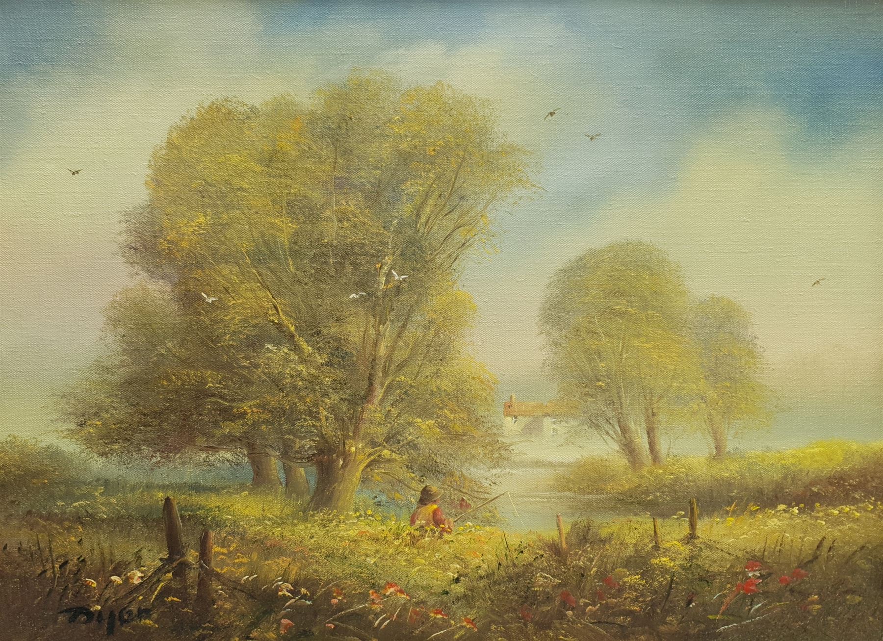 Edward 'Ted' Dyer (British 1940-): Fly Fisherman, oil on canvas signed 39cm x 29cm; Colin Richardson (British 20th century): Boats at Twilight, oil on board signed 32cm x 45cm; Philip Sandee (British 20th century): House by a Meadow, oil on canvas signed 19cm x 25cm (3)