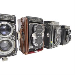 Four medium format TLR cameras, comprising Zeiss Ikon Ikoflex serial no. TD17003 with Tessar 1:3.5 f=7.5cm and Teronar Suchar-Anastigmat 1:3.5 f=7.5cm lenses, Franke & Heidecke Rolleiflex serial no. 1164037 with Tessar 1:2.8 f=80mm and Heidoscop-Anastigmat 1:2.8 f= 80mm lenses, Yashica-Mat Copal MXV serial no. MT 2050640 with Yashinon 1:3.5 f=80mm and View-Yashinon 1:3.2 f=80mm lenses and a Lomo Lubitel 166B serial no. 83169658 with T-22 4.5/75 lenses
